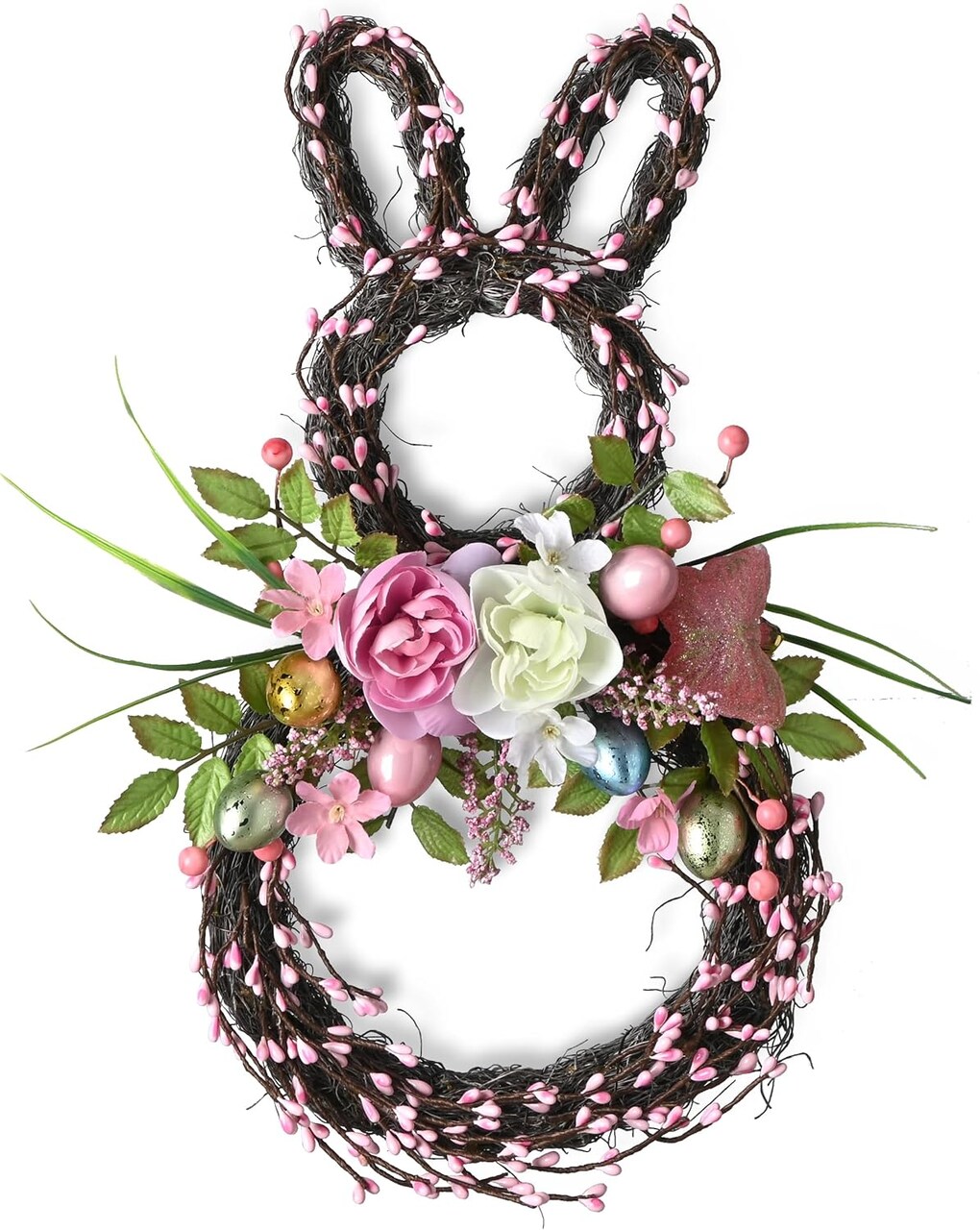 18-Inch Easter Bunny Wreath for Front Door – Spring Door & Wall Decor with Pastel Eggs, Peony Flowers, and Mixed Twigs